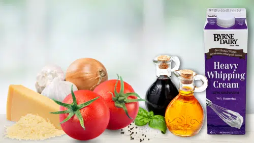 Ingredients for Erika's Homemade Tomato Soup include tomatoes, onions, parmesan cheese, salt & pepper, basil, olive oil, balsamic vinegar, and Byrne Dairy Heavy Cream.